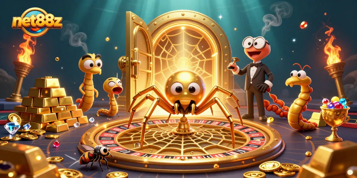 Bet on net88z with a vibrant scene of golden spider and centipede croupier.