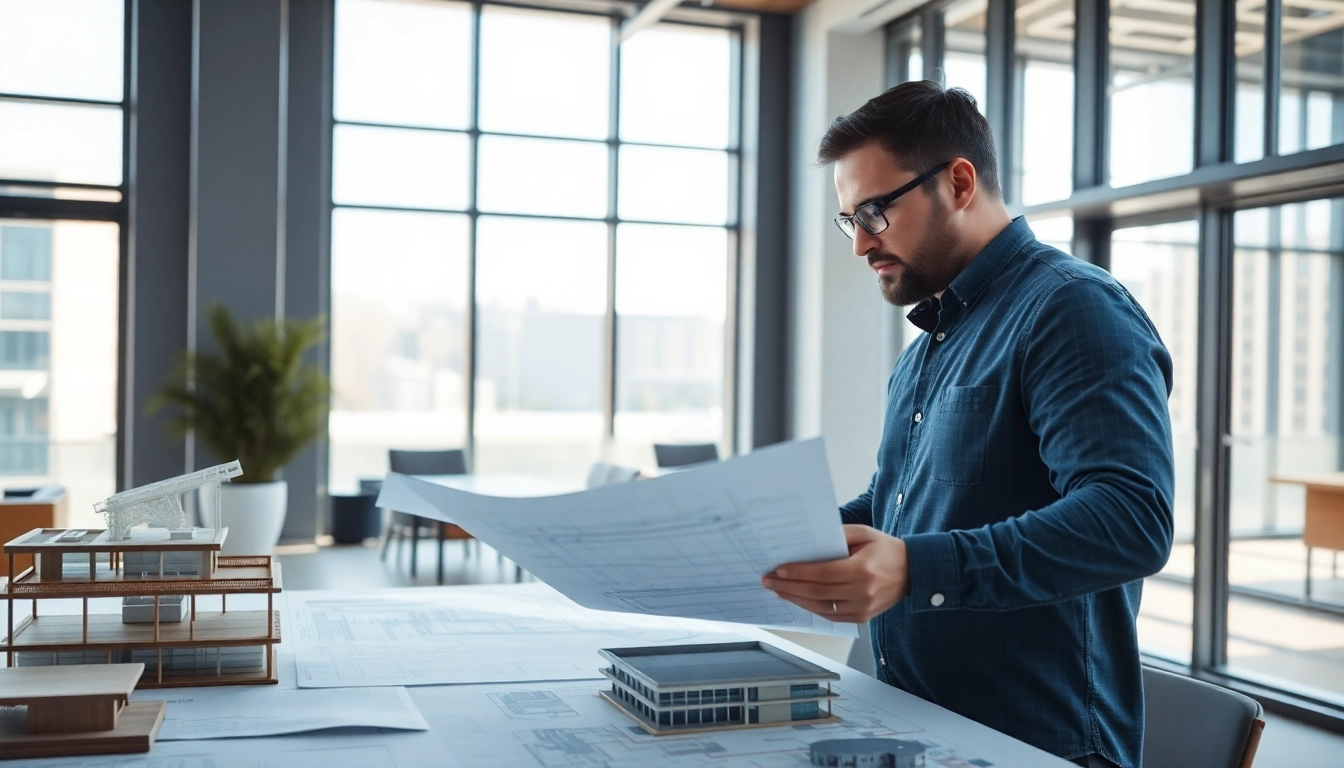 Architect examining Seismic Design plans with focused attention in a modern office.