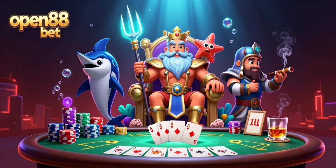 Engage with the exciting world of open88 bet featuring Neptune and gaming elements in a vibrant illustration.