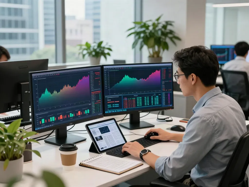 Analyst working in a modern office with tradingview官网 charts and financial analytics on screens.