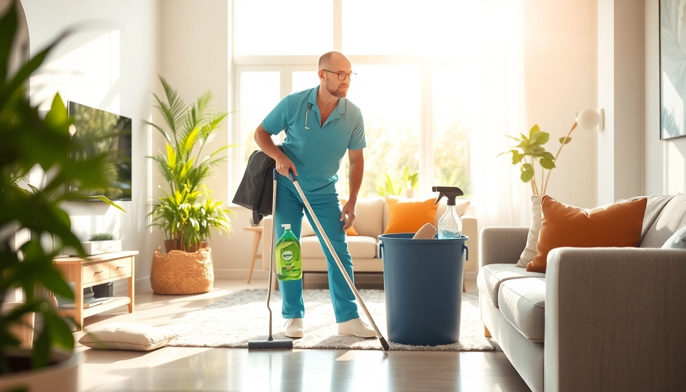 Bond cleaning in an eco-friendly living room showcasing a professional cleaner.