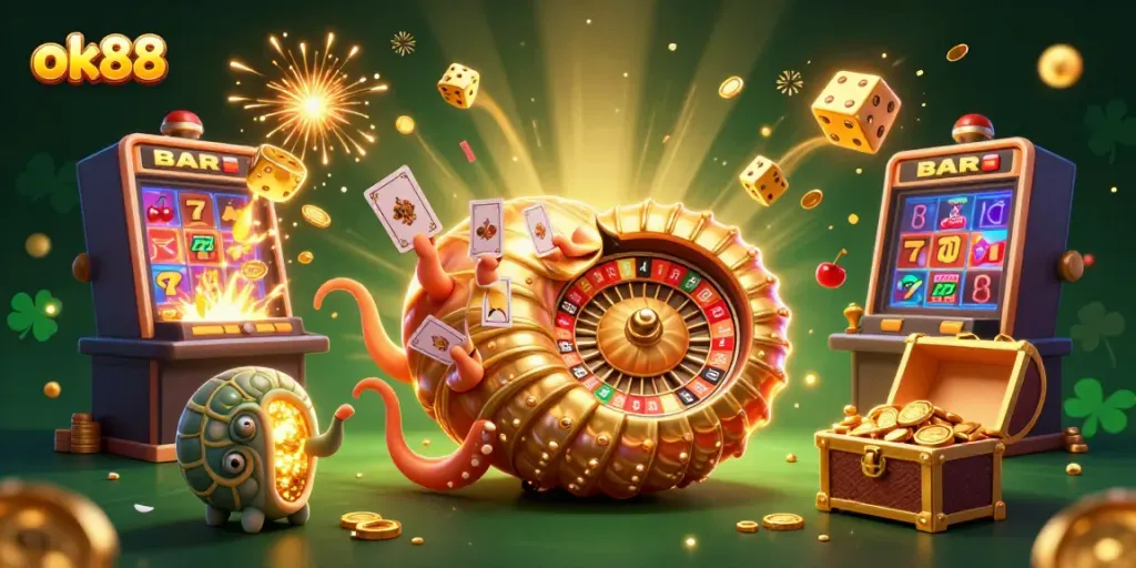 Experience the thrill of ok88 casino games, showcasing a dynamic nautilus character with golden elements.