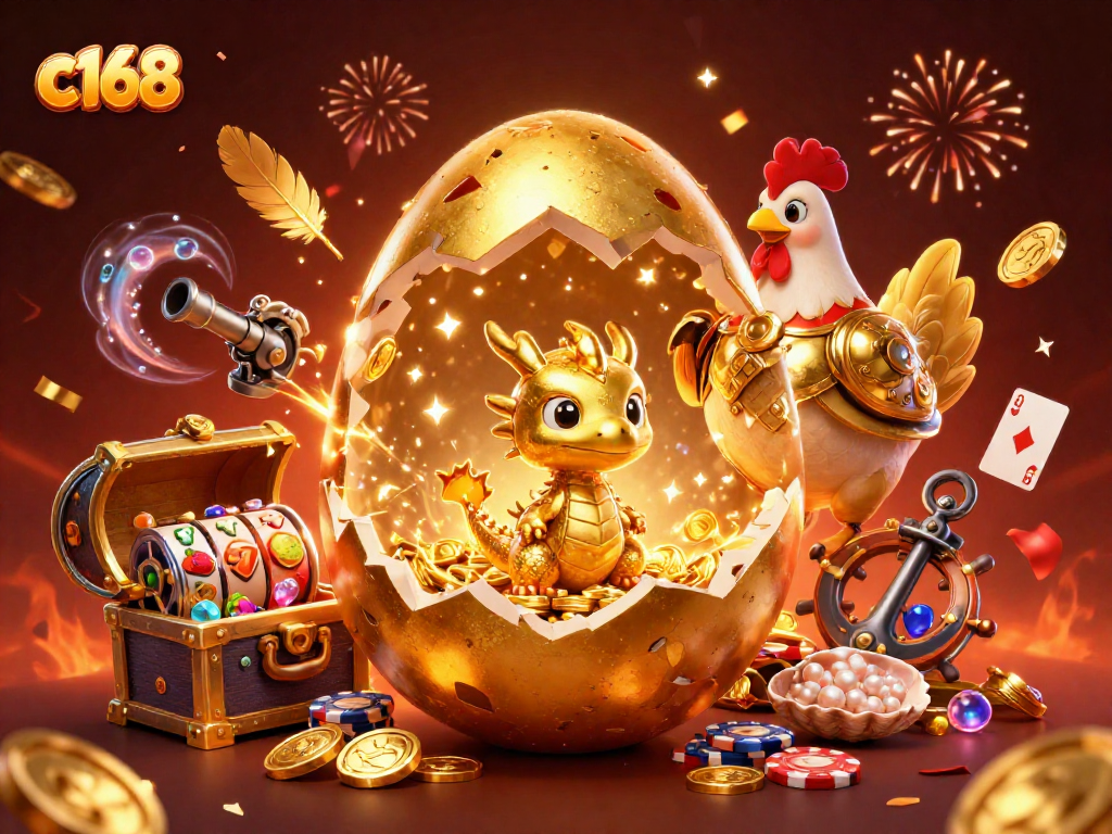 Experience thrilling moments at c168 with a golden dragon amidst dazzling casino treasures.