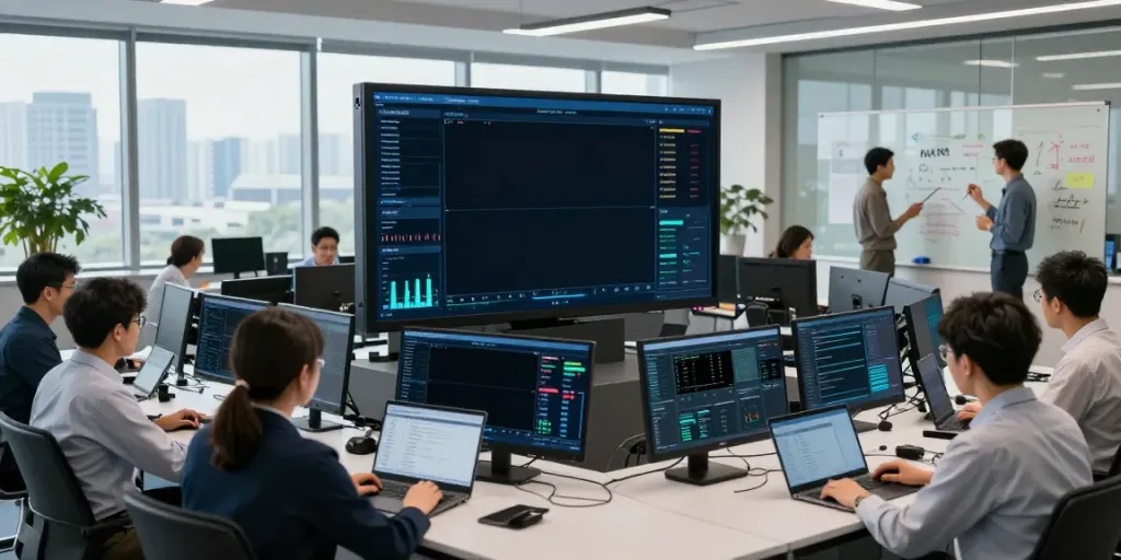 Team collaborating in a high-tech control room for AI infrastructure, emphasizing the AI Token Economy.