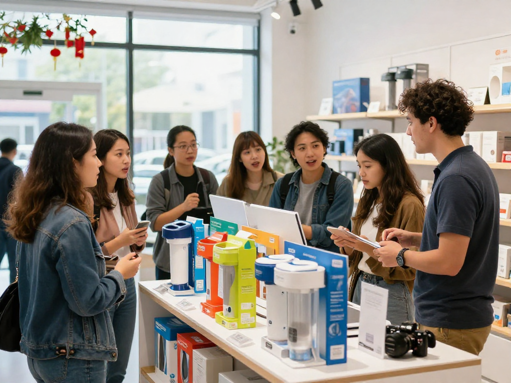 Engaging shopping experience at https://www.ebbfilter.com/shop with customers examining high-quality filtration products.