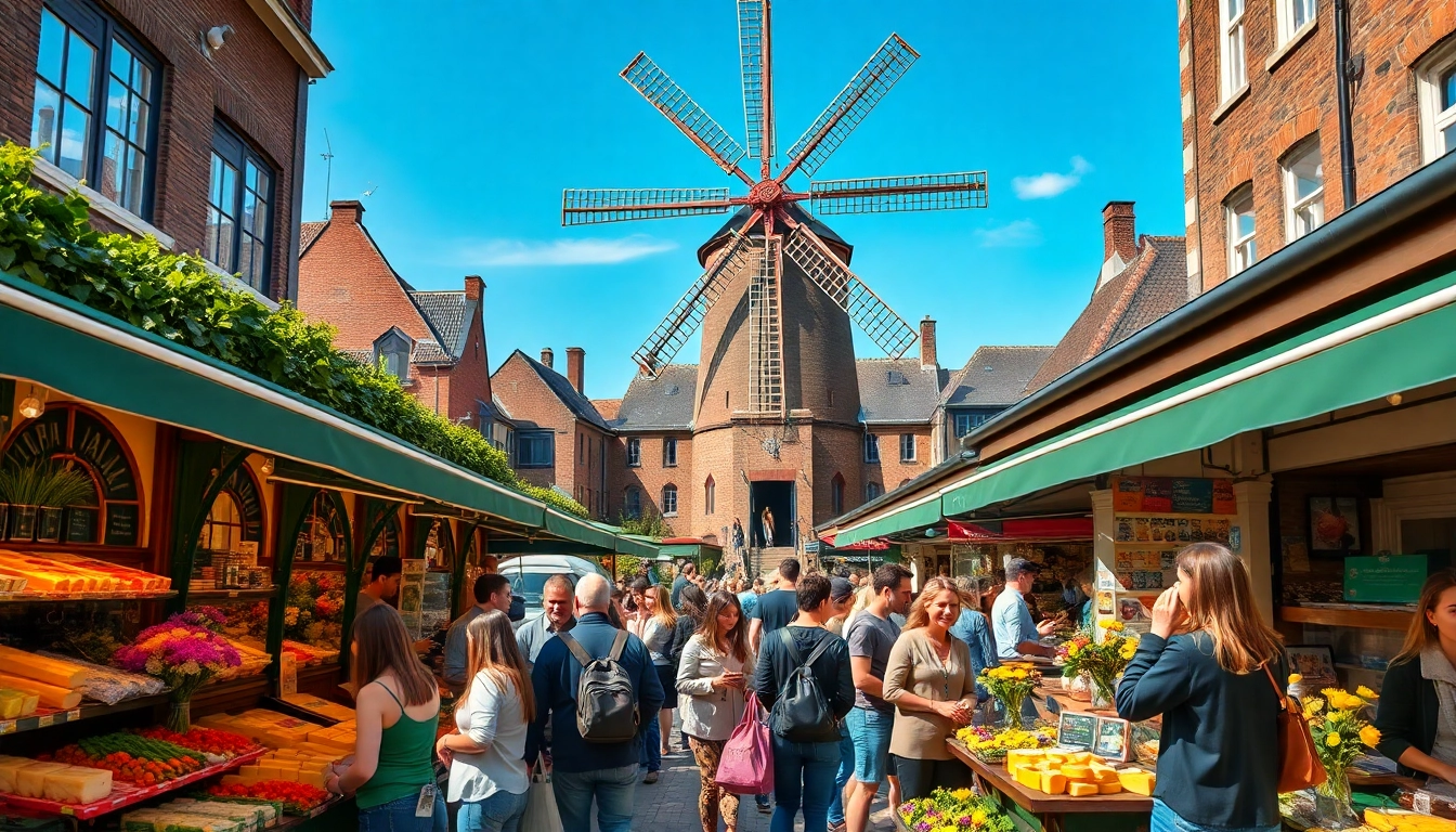 Leideninbeeld.nl toont een levendige markt met een traditionele windmolen in het hart van Leiden.
