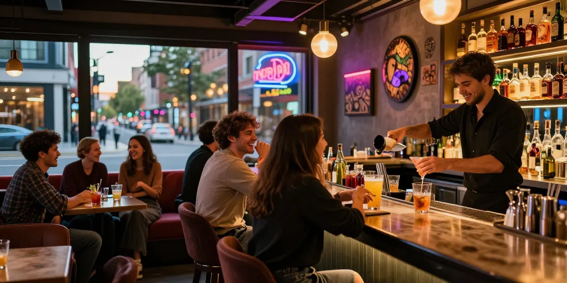 Engaged patrons enjoying drinks at a lively 유흥사이트 bar, with vibrant ambiance and stylish decor.