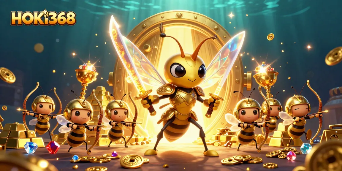 HOKI368 showcases a vibrant 3D illustration of a golden hornet samurai amidst treasure, symbolizing limitless winning potential.