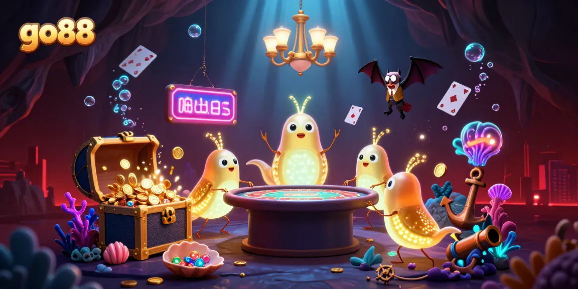 Experience excitement at go88 with a vibrant casino scene illuminated by glowworms and underwater treasures.