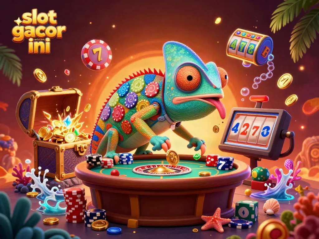 Engaging scene showcasing slot gacor malma ini with a vibrant chameleon casino owner, slot reels, and treasure elements.