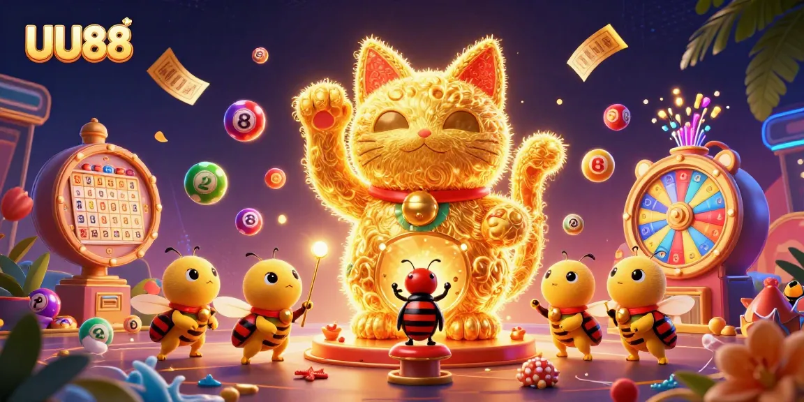 Experience UU88 with a dynamic giant lucky cat, colorful lottery balls, and casino symbols in this vibrant illustration.