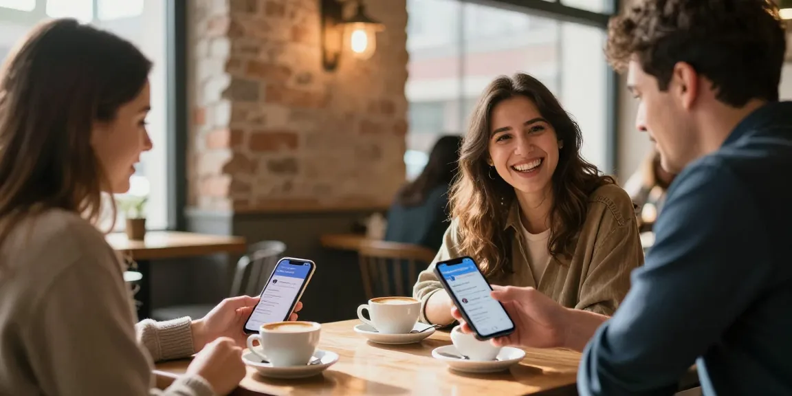 Casual cafe setting featuring singles using the HundRoses app to connect, showcasing authentic dating.