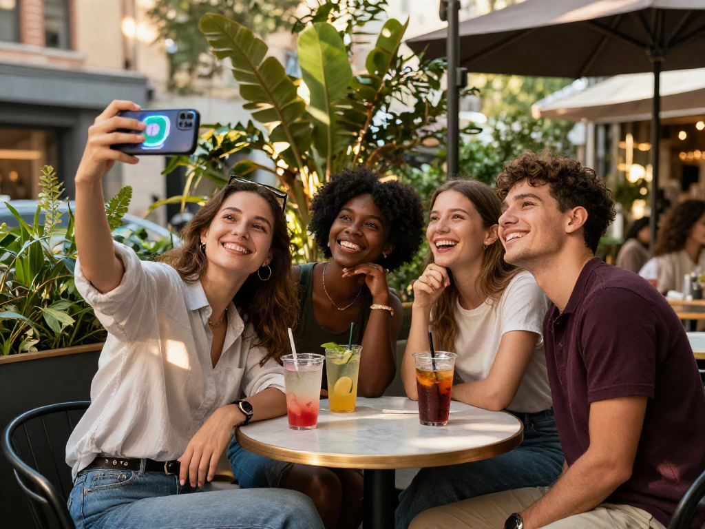 Group enjoying an outdoor café while taking an attractiveness test on a smartphone.