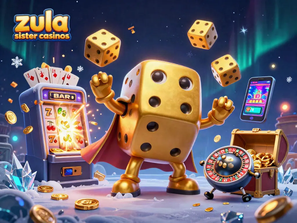 Engaging scene of Zula sister casinos with a unique golden dice golem and slot machines exploding with prizes.