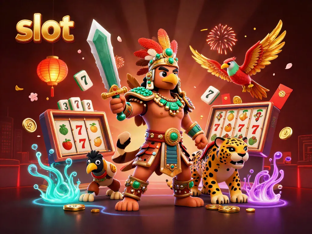 Experience thrilling slot gameplay with Aztec warriors and vibrant casino elements.