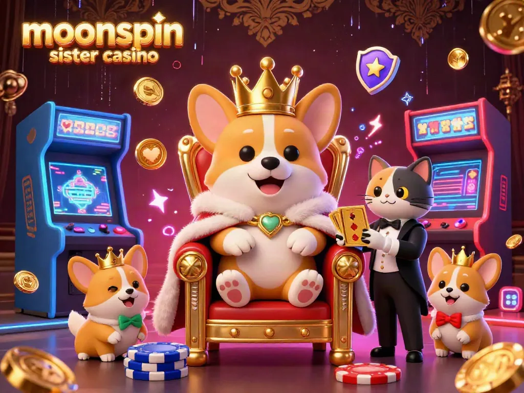 Experience fun gaming at moonspin sister casino with adorable characters in a vibrant casino atmosphere.