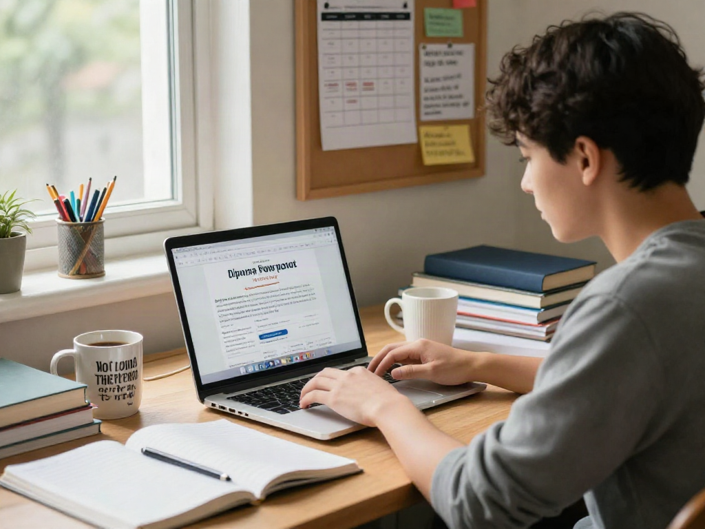 Een student die op een laptop zoekt naar opties om een diploma te kopen met boeken en aantekeningen in een gezellige studieruimte.