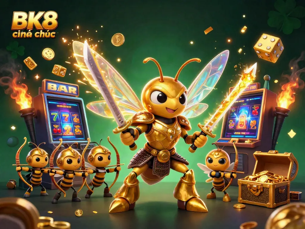 Engage with BK8 chính thức in a vibrant 3D casino scene showcasing jackpot excitement and gameplay.