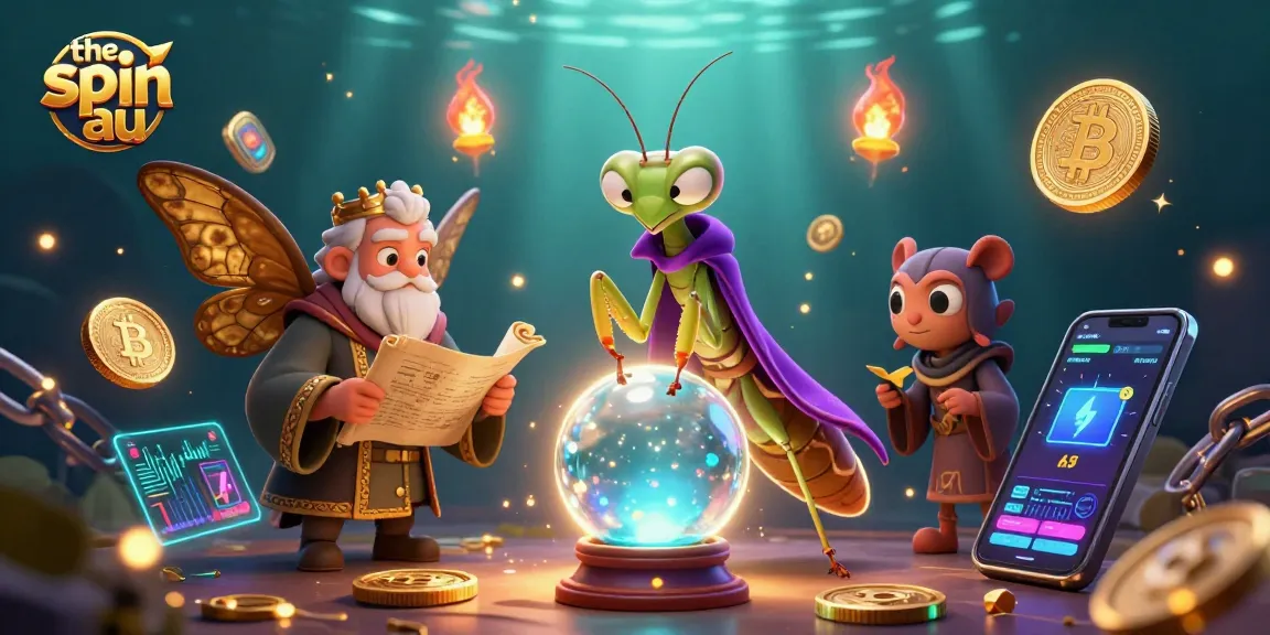 Experience the spin au with a mystical scene featuring cartoon fortune tellers and crypto elements.