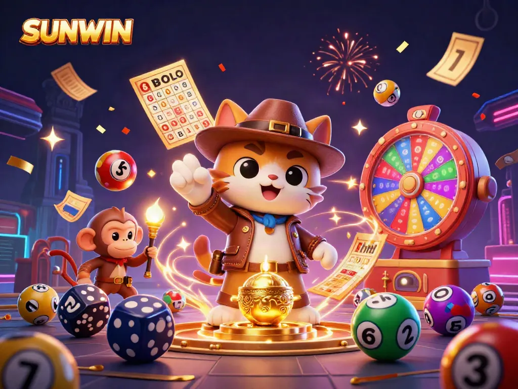 SUNWIN offers an exciting discovery of golden artifacts amidst vibrant gambling elements and festive decorations.
