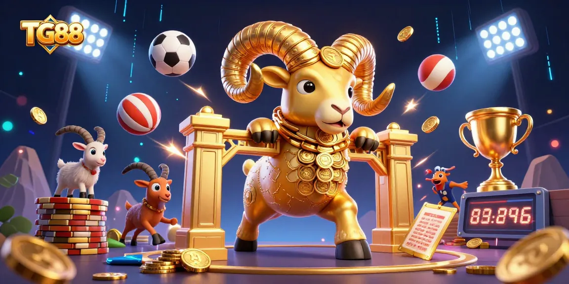 Immerse in the vibrant TG88 world where a golden ram charges with sports elements highlighting thrilling gaming experiences.