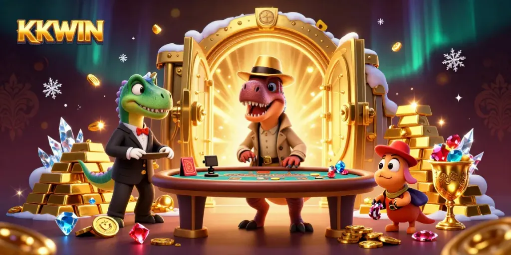 Experience thrilling gameplay at KKWIN with a velociraptor card counter amidst gold treasure and gems.