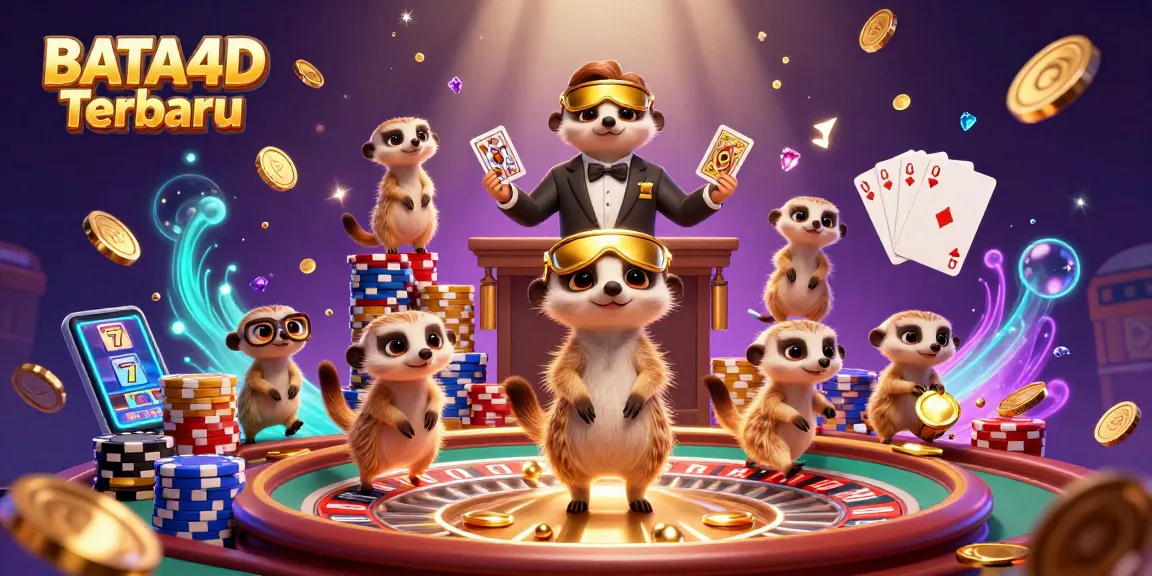 BATA4D Terbaru showcases a lively meerkat casino scene with card dealers, coins, and vibrant gaming elements.