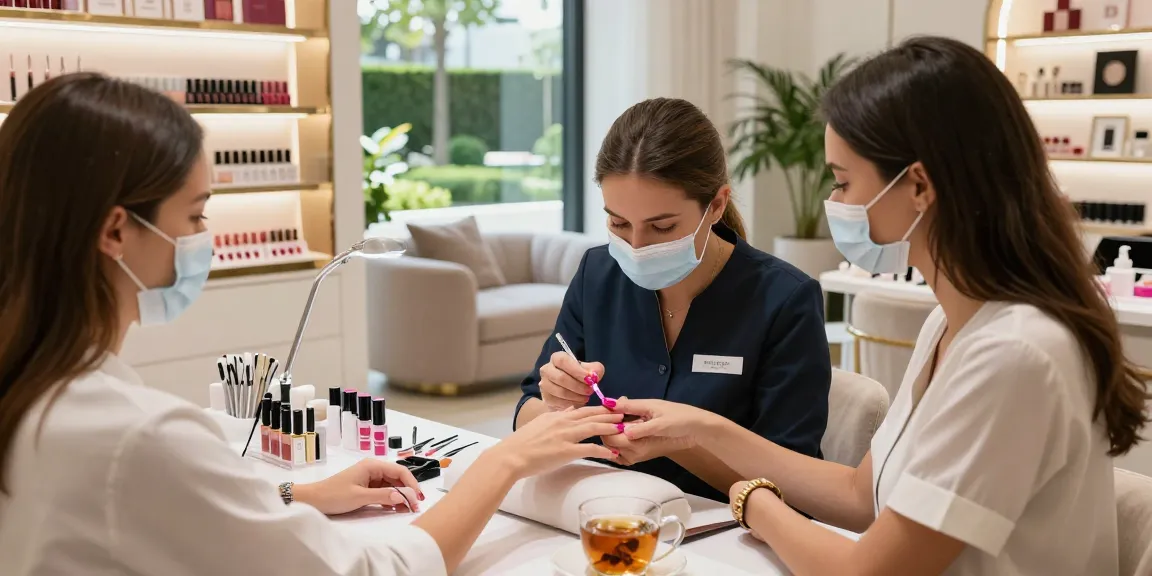 Salon mewah dengan layanan LUXURY12 saat manicure di siang hari, menampilkan produk kecantikan.