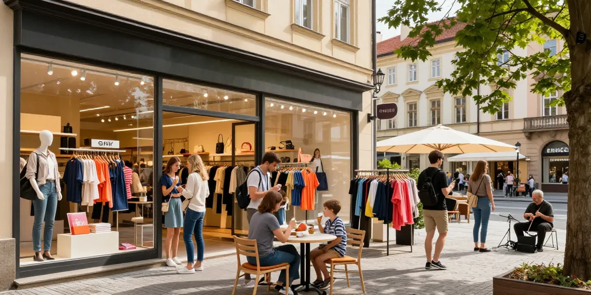 Vibrant retail space in Prague featuring diverse shoppers enjoying the day, highlighting opportunities in retail.
