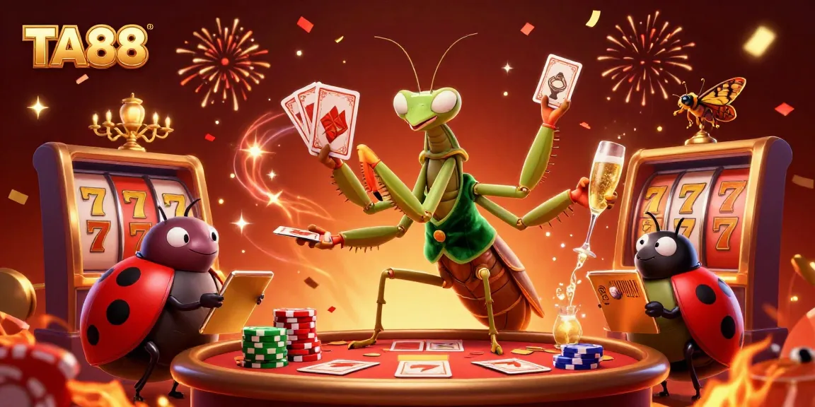 TA88 showcases a vibrant casino scene featuring a giant praying mantis card sharp, ladybug pit boss, and colorful slot reels.