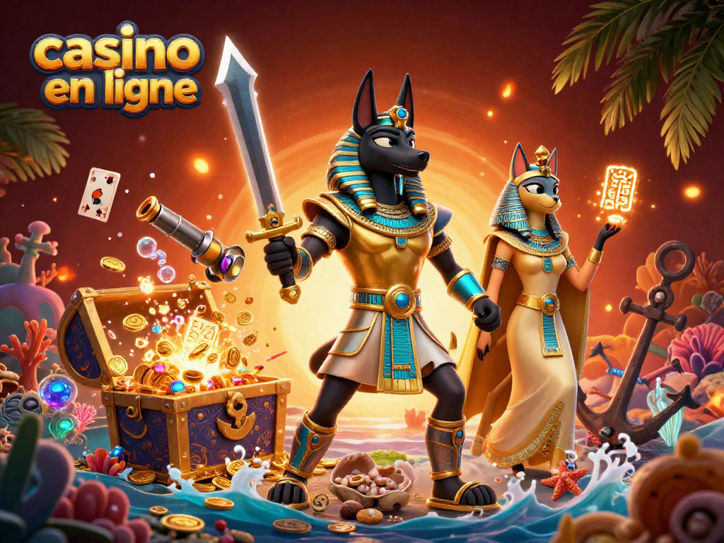 Profitez de l'expérience immersive du casino en ligne avec des personnages égyptiens entourés de trésors et de symboles de jeux.