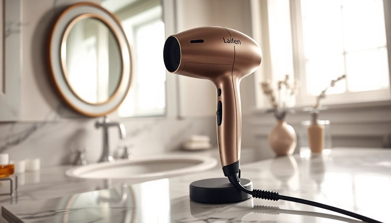 Laifen Swift hair dryer displaying its sleek design and advanced features in a modern bathroom setting.