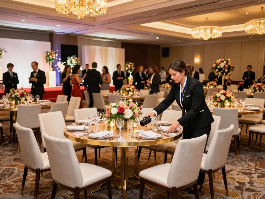 Event furniture rental showcased in an elegant banquet setup with stylish chairs and tables for a sophisticated atmosphere.