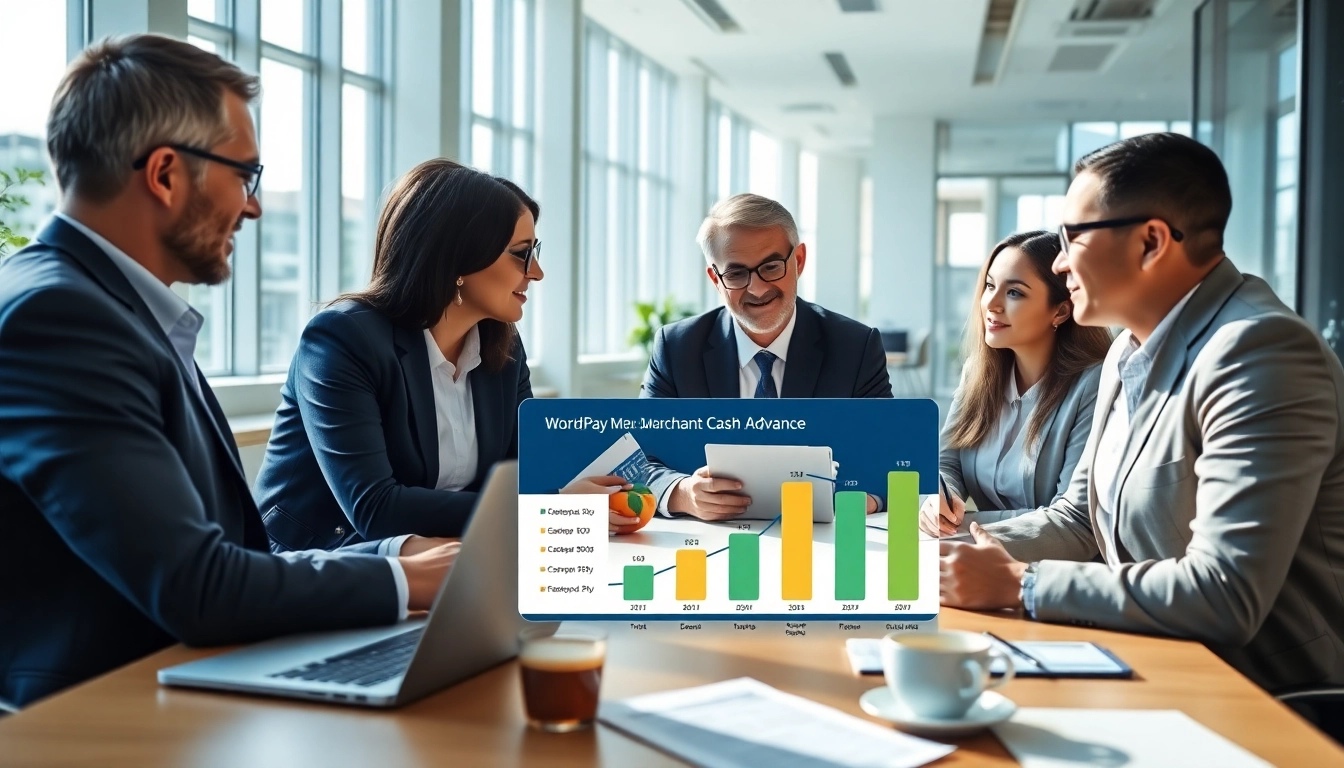 Discussing benefits of worldpay merchant cash advance in a modern office setting.
