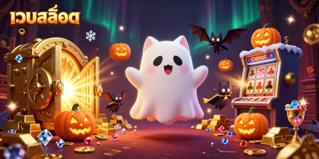 Experience the thrills of เว็บสล็อต with dynamic characters in a vibrant, haunted casino setting.