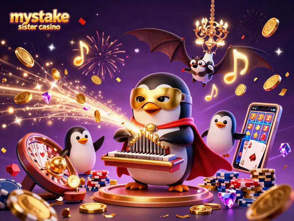 Experience the thrill of the mystake sister casino with a vibrant 3D illustration filled with golden coins, classic games, and dynamic characters.