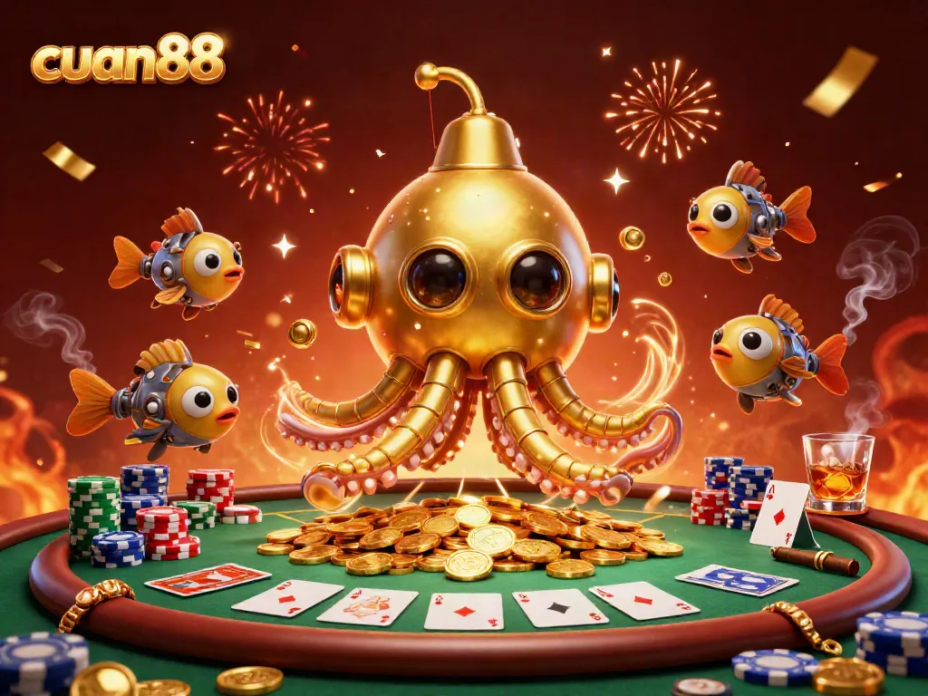 Immerse in the excitement of gambling with cuan88, featuring a golden kraken submarine amidst poker elements and golden coins.