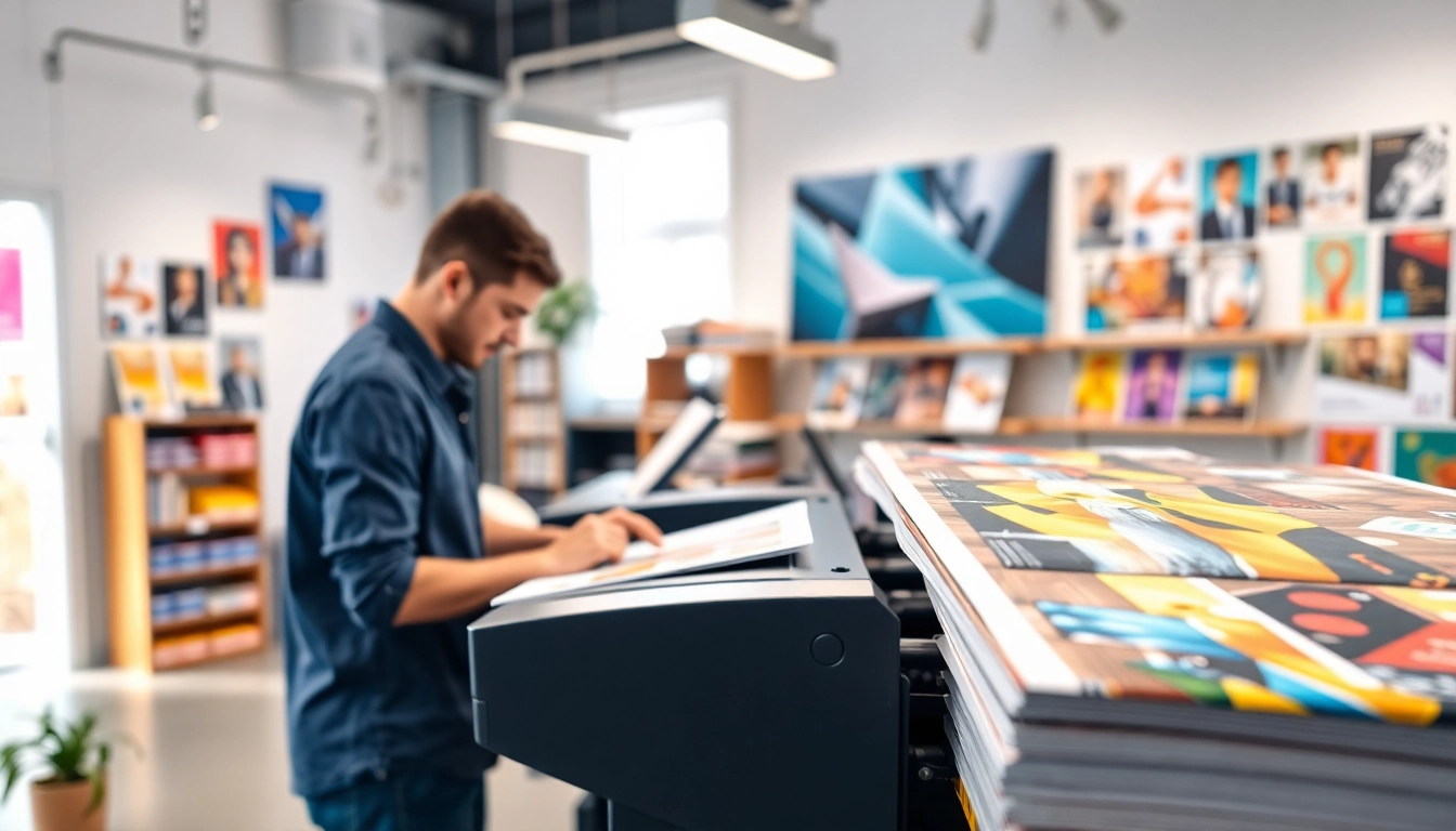 Custom print shop Edmonton showcasing vibrant printed materials with a designer at work in a professional setting.