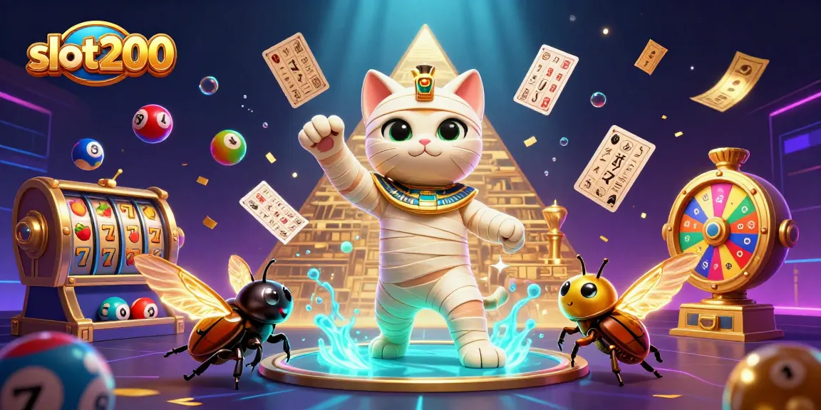 Permainan slot200 muncul dalam ilustrasi 3D, menampilkan kucing mumi dan elemen permainan kasino yang memikat.