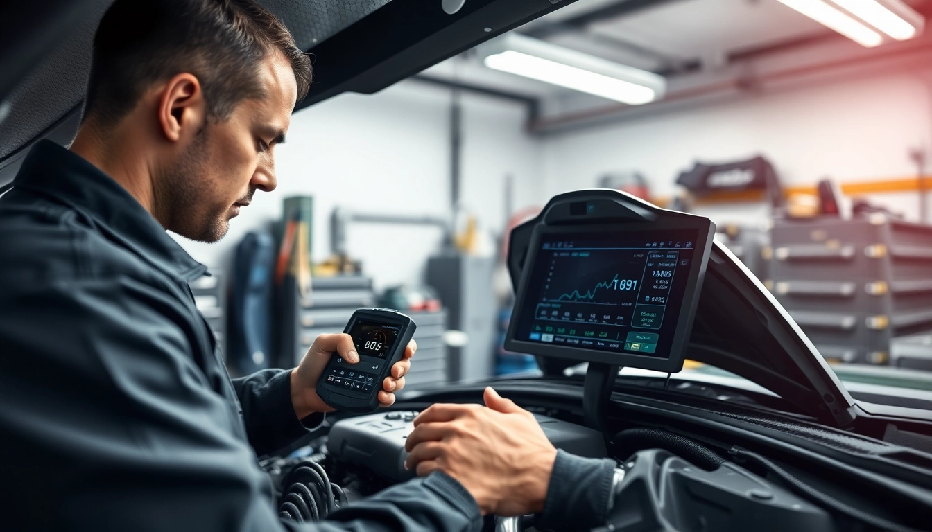 Engine diagnostics and repair services performed by a skilled technician in a bright garage setting.