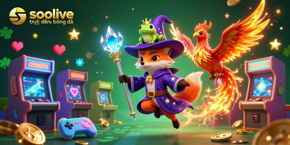 Socolive trực tiếp bóng đá features an enchanting scene with a wizard fox, phoenix, and vibrant casino elements in a captivating 3D illustration.