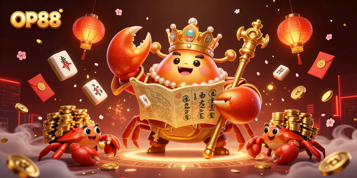 Experience OP88's vibrant gaming world with a golden crab emperor and treasures.