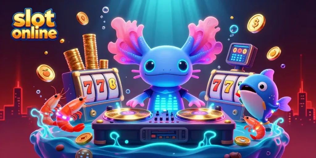 Engage in thrilling slot online gameplay with vibrant axolotl DJ and lively sea creatures in a colorful underwater casino scene.