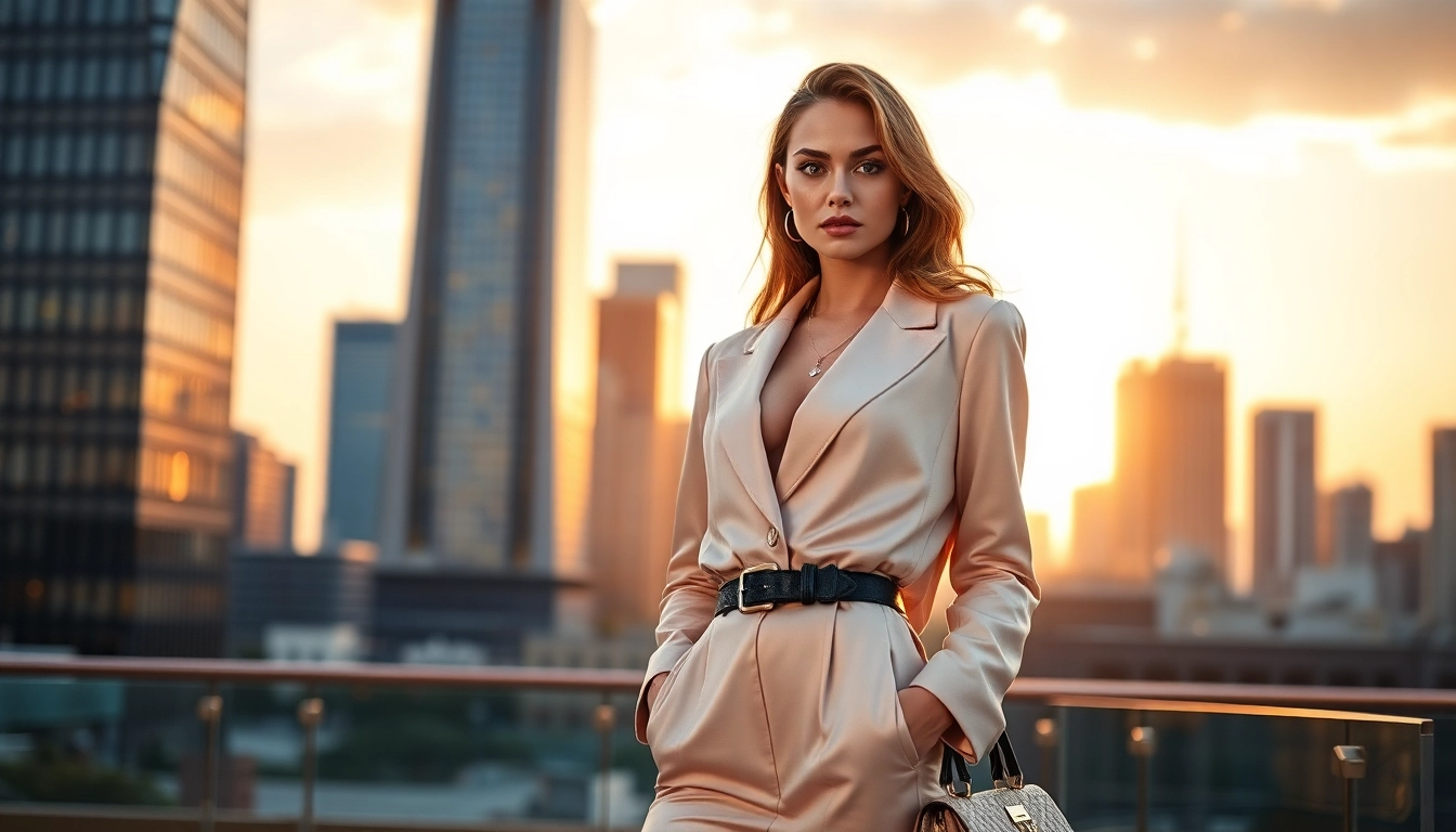 Showcasing a luxurious outfit from Rebel Designerwear in an elegant urban setting.