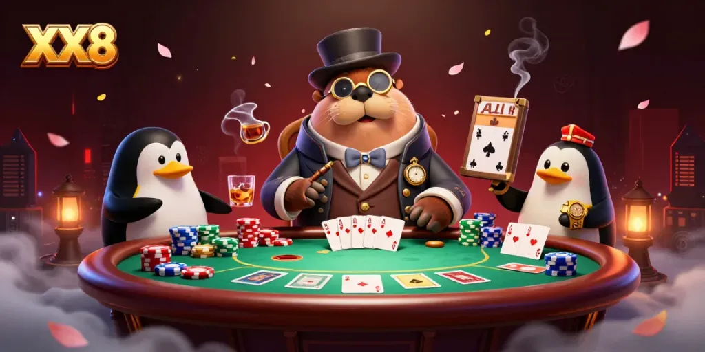 Explore the XX8 poker scene with a walrus, penguin dealer, and a bluffing pufferfish.