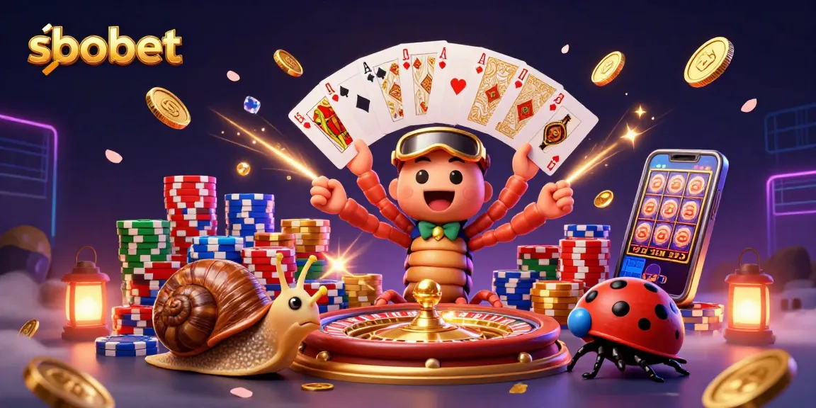 Bet on sbobet with a high-energy illustration featuring a millipede dealer and vibrant casino elements.