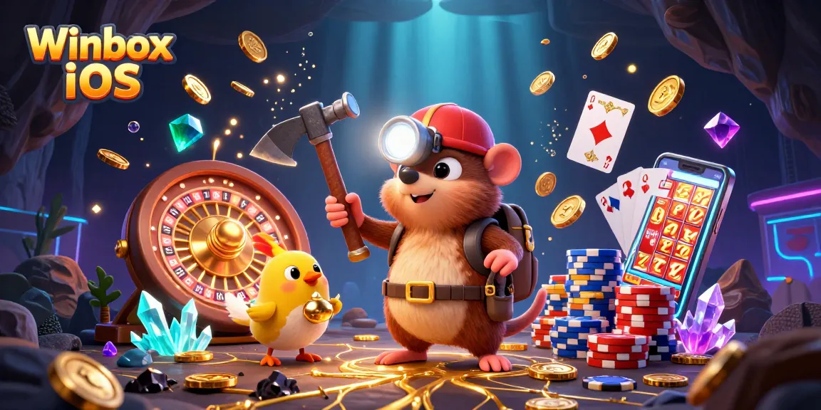 Winbox iOS app offers exciting gameplay with a treasure hunter and vibrant casino elements.