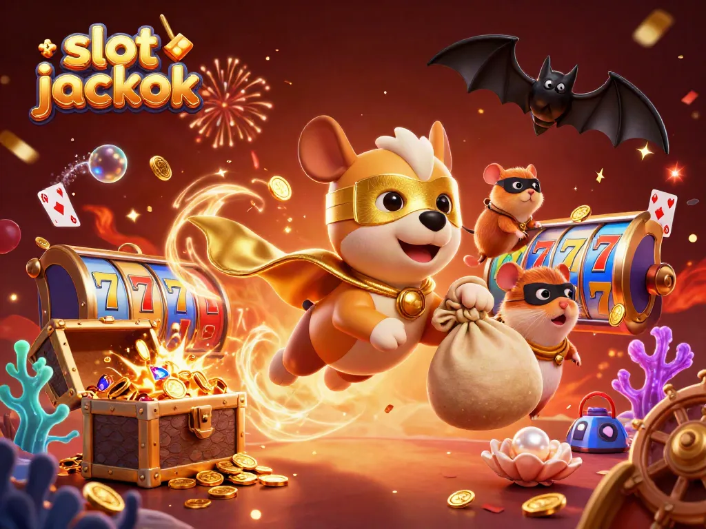 Experience the thrill of the slot jackpot with a superhero dog and his hamster sidekick amidst gold coins and slot reels.
