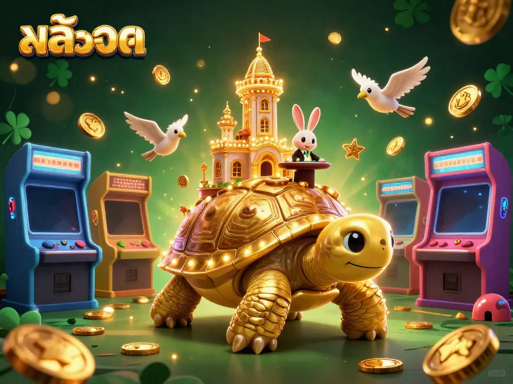 Engage in a thrilling สล็อต experience with a vibrant casino scene featuring a golden tortoise and a rabbit dealer.