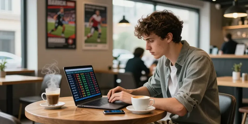 Parsbet ile kafe ortamında spor bahislerinin incelendiği bir sahne.